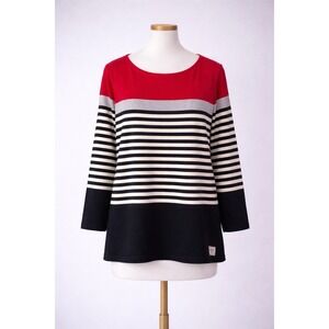 Talbots Plus 2X Slope Stripe Long Sleeve Cotton Knit Tee Red Black Ivory